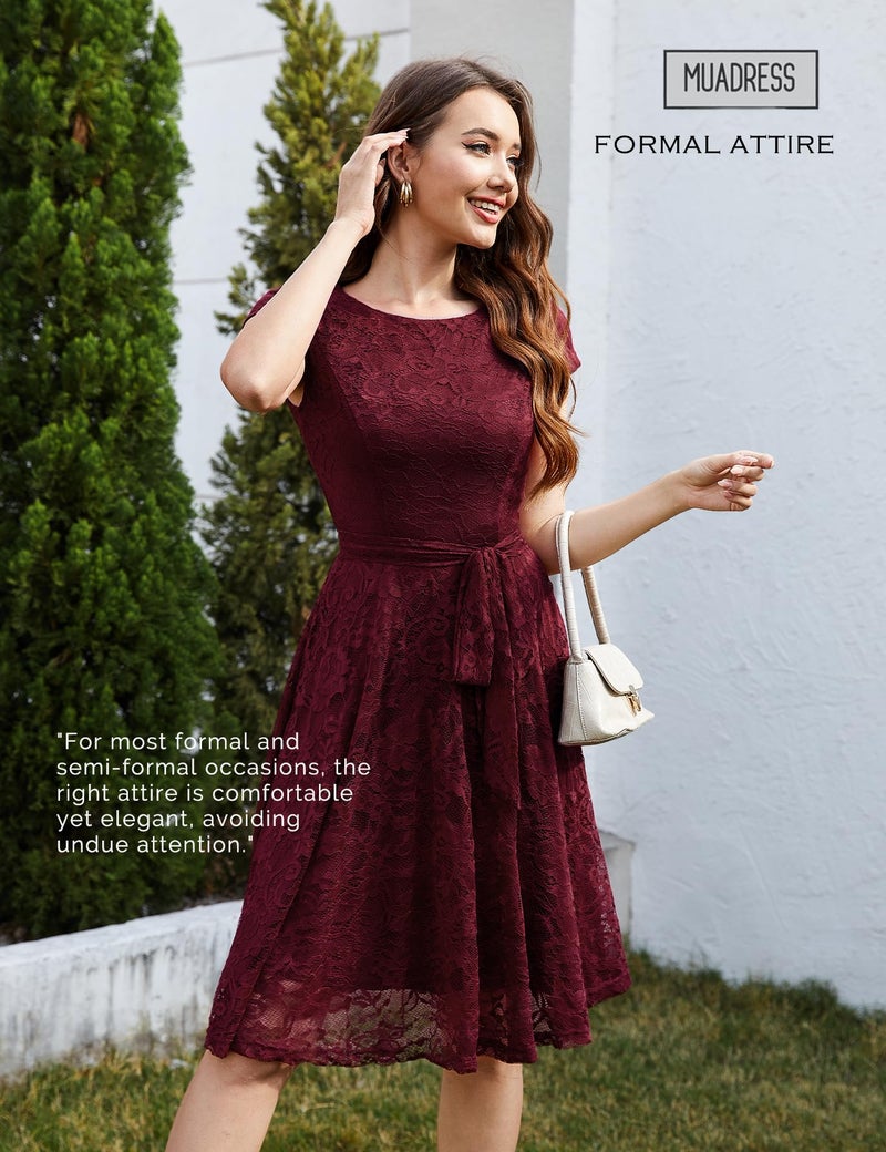 MUADRESS Women Cap-Sleeve Lace Floral Elegant Cocktail Dress Crew Neck Knee Length Bridesmaid Prom Dresses for Party Burgundy M - Image 3